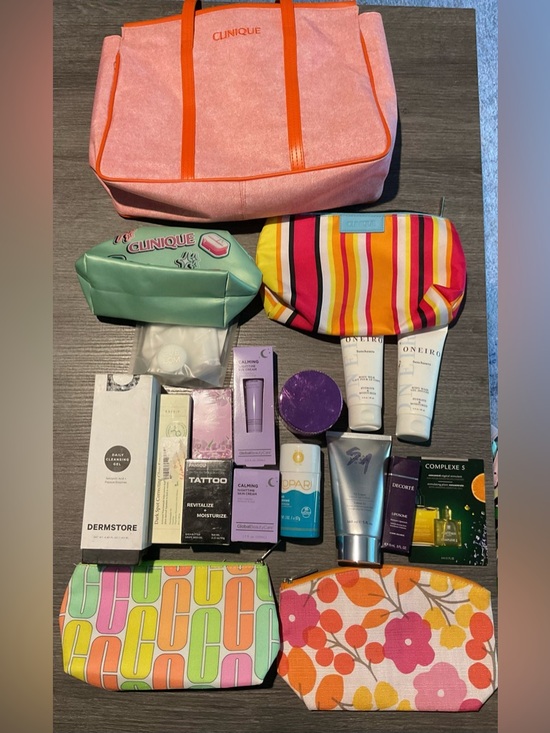 Clinique Handbags - Clinique Pink and Orange Canvas Cosmetic Tote with Colorful Pouches